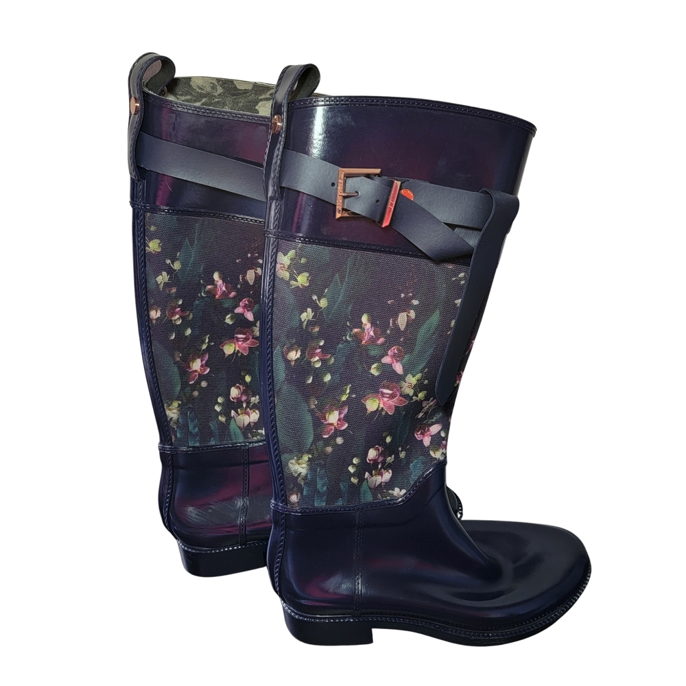 Ted Baker Hampto Blue Floral Tall Rain Boots with Buckle Strap Size 8 - Picture 4 of 14